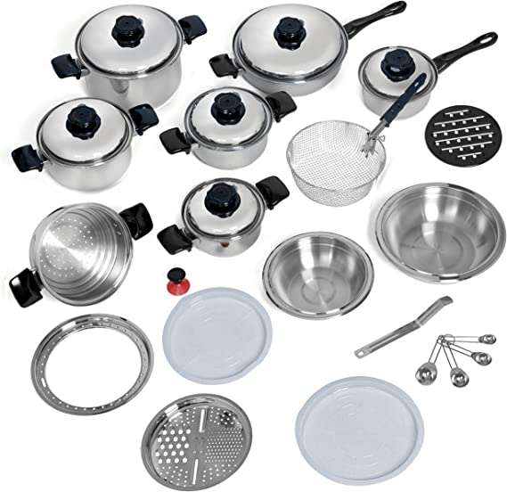 Brand New: Chef’s Secret 28-Piece 12-Element T304 Cookware Set – Stainless Steel Pots And Pans For Waterless Cooking – Airtight Lids, Steam Control Valves, Multi-Ply Metal, Black Handles – Kitchen Sets For Home.  KT928