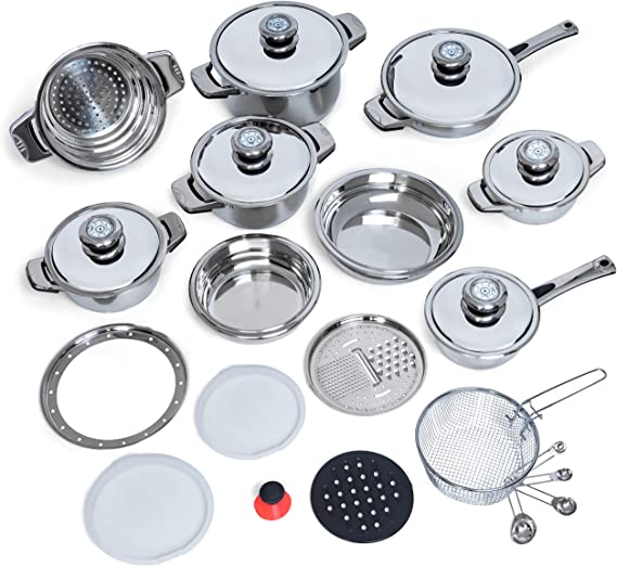 Brand New:  Chef’s Secret 28-Piece Cookware Set – 12-Element Heavy-Gauge Stainless Steel Waterless Cookware – Kitchen Pots And Pans, Steamer, Broiler For Cooking, Frying – Home Essentials & Gifts For Cooks, Chefs.  KT28