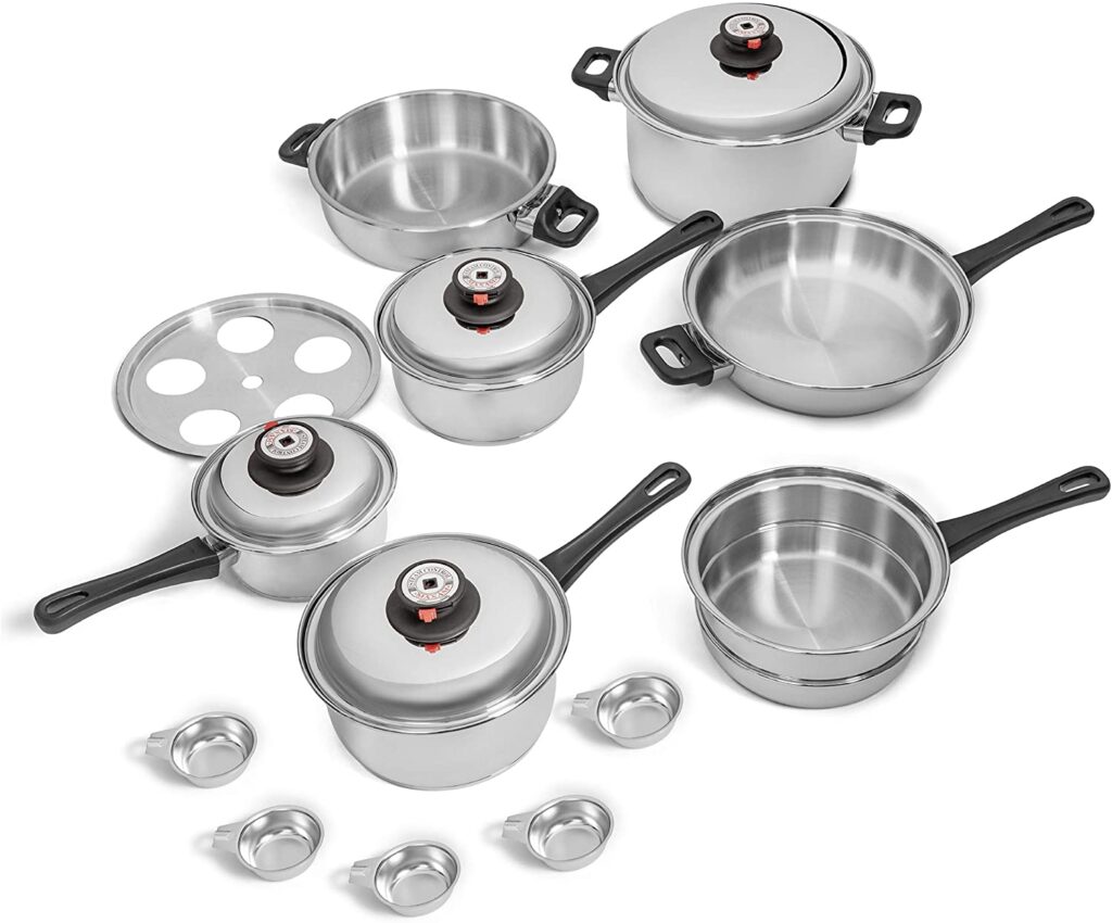 Brand New:  Maxam 9-Element Waterless Cookware Set, Durable Stainless Steel Construction with Heat and Cold Resistant Handles, 17-Pieces.  KT17