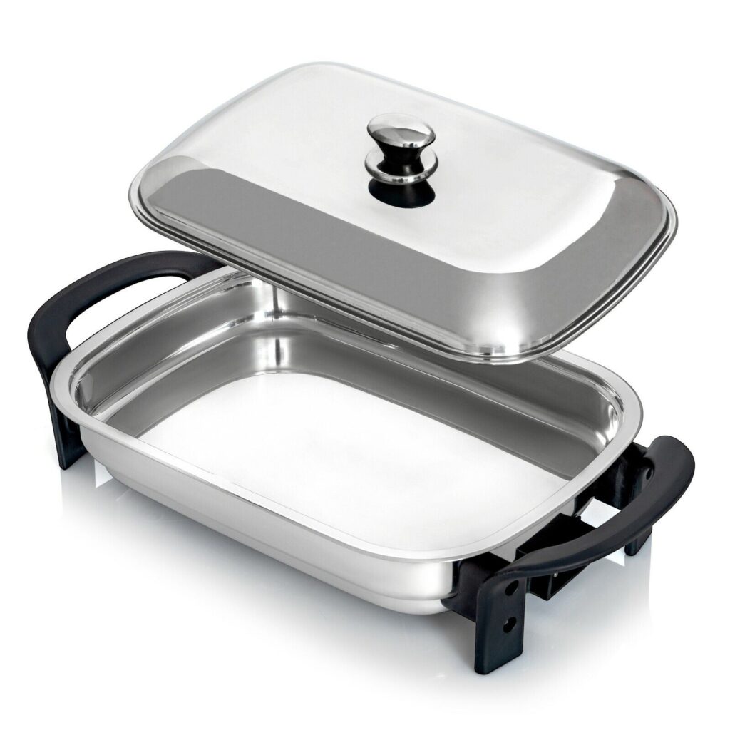 Brand New:  Precise Heat 16-Inch Electric Skillet – Rectangular Stainless Steel Pan with Handles and Lid Cover.   KTES4