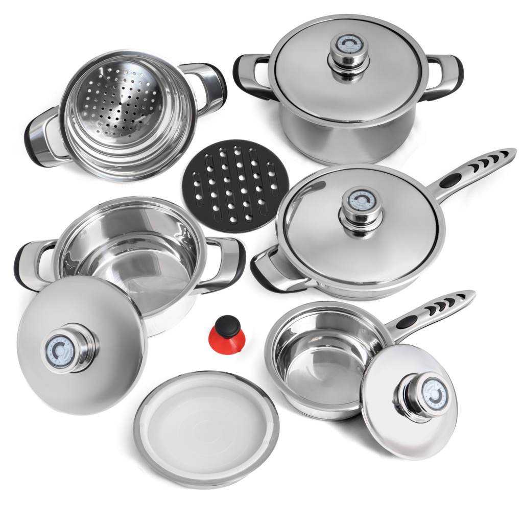 Brand New:  Chef’s Secret 9-Ply Waterless Heavy Gauge Cookware Set, Durable Stainless Steel Construction with Thermo Control Top Knobs, 9-Pieces.   KT12